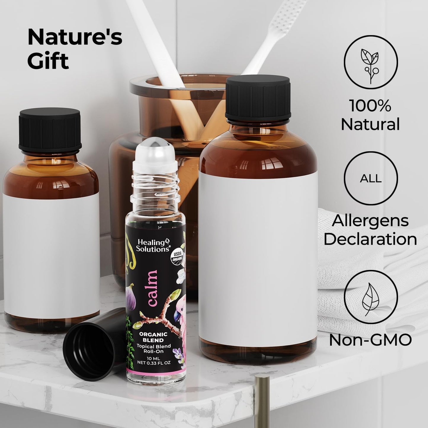 Healing Solutions - Organic Calm Blend Essential Oil Roll On USDA Certified Perfume, Sleep, Massage, Aromatherapy - 10ml