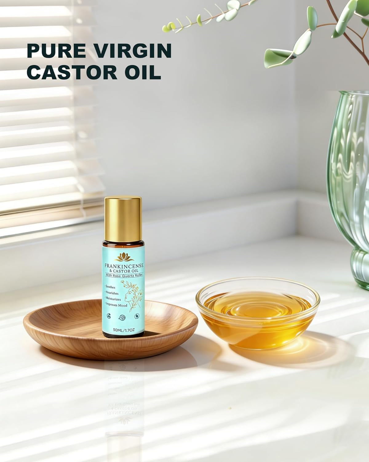Frankincense and Organic Castor Oil with Rose Quartz Roller, 100% Pure Cold-Pressed, Organic Castor Oil Roll On Rose Quartz, Hexane-Free,Amber Glass Bottle for Skin 1.7 Oz./ 1PCS