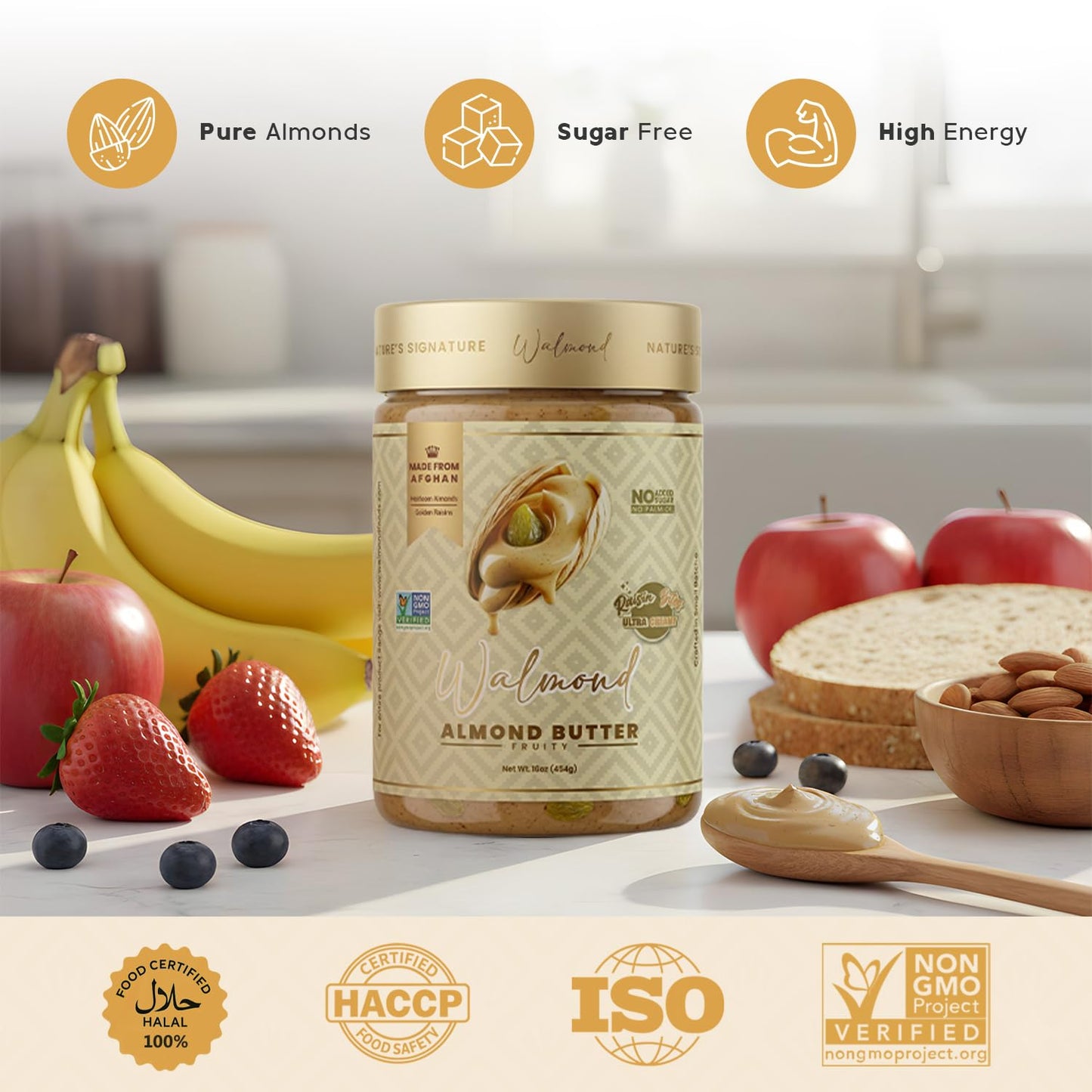 Walmond Almond Butter Fruity, Afghan Heirloom Almonds with Real Golden Raisin Bites, Lightly Fruit Sweetened, 6g Protein, No Added Sugar, No Palm Oil, NON-GMO Halal HACCP Certified, Keto Vegan, 16oz
