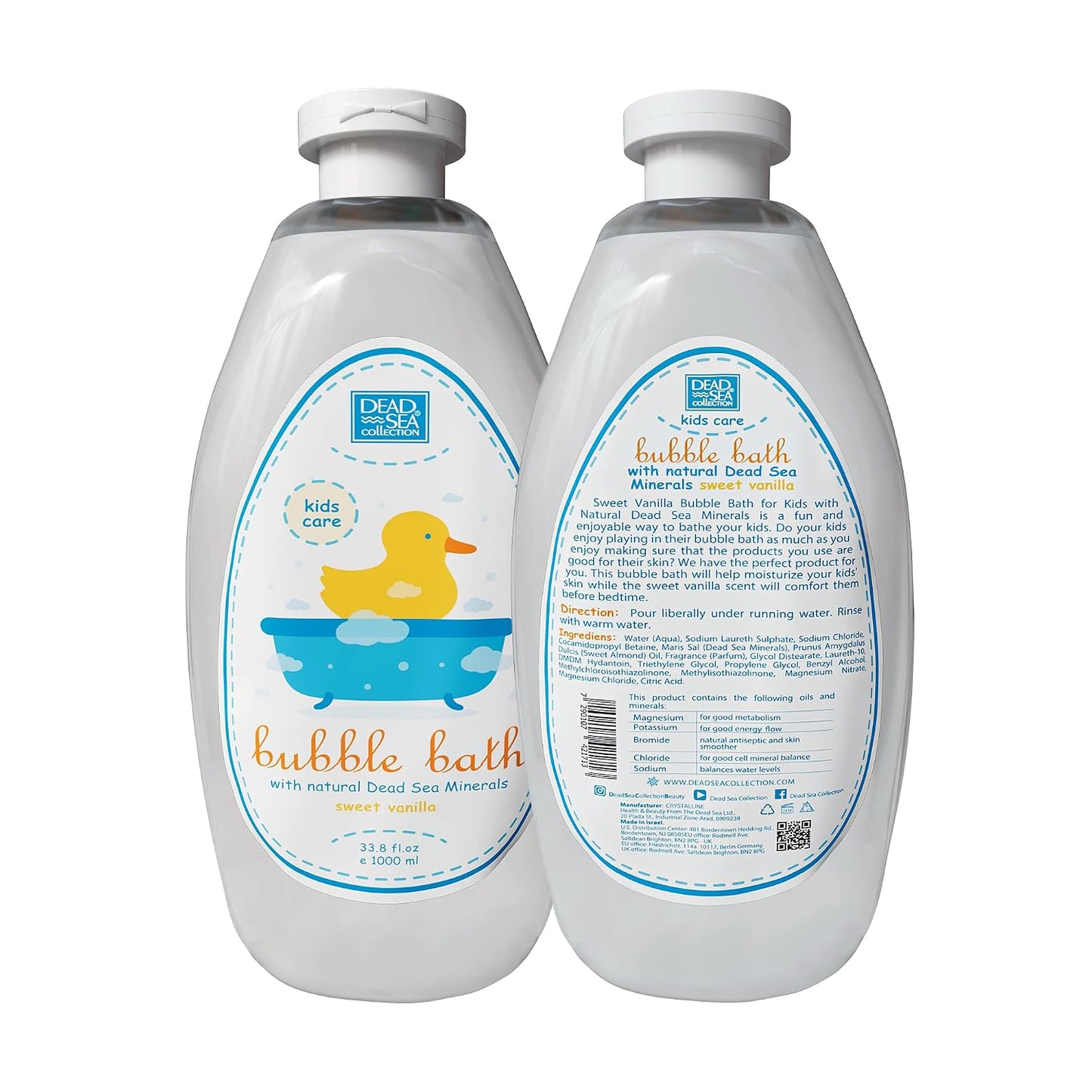 Dead Sea Collection Bubble Bath Kids with Vanilla - Cleansing and Moisturizing Liquid Bath Bubbles - Sweet Almond Oil and Pure Dead Sea Minerals - Pack of 2 Large Bottles (67.6 fl.oz)