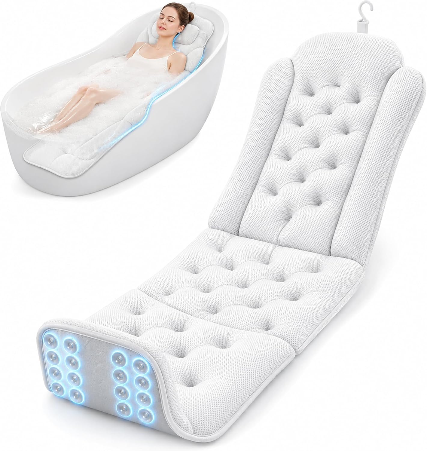 Full Body Bathtub Pillow, Extra Long & Thick Bath Cushion with Strong Suction Cups, Soft Head Neck & Back Support for Master Bathroom Evening Soaking (White)