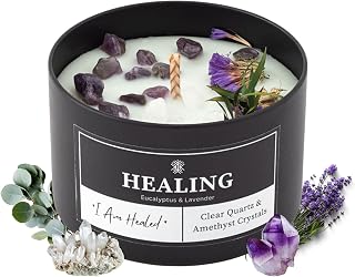 Healing Crystals Candle for Meditation & Room Decor, 8oz, Aromatherapy Candle with Clear Quartz and Amethyst, Eucalyptus & Lavender Essential Oil Scented Candles, Non Toxic Candles for Stress Relief