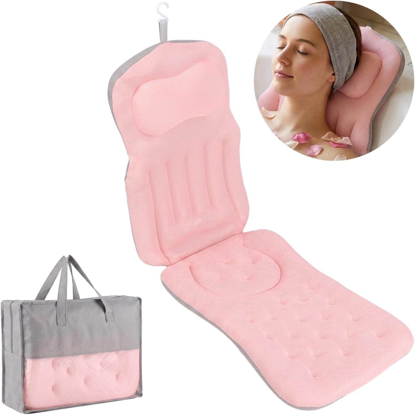Full Body Bath Pillow for Bathtub, 4D Pink Bathtub Pillow with Non-Skid Suction Cups, Multi-Layer Mesh Breathable Cushion for Head, Back, Waist, and Hip Support