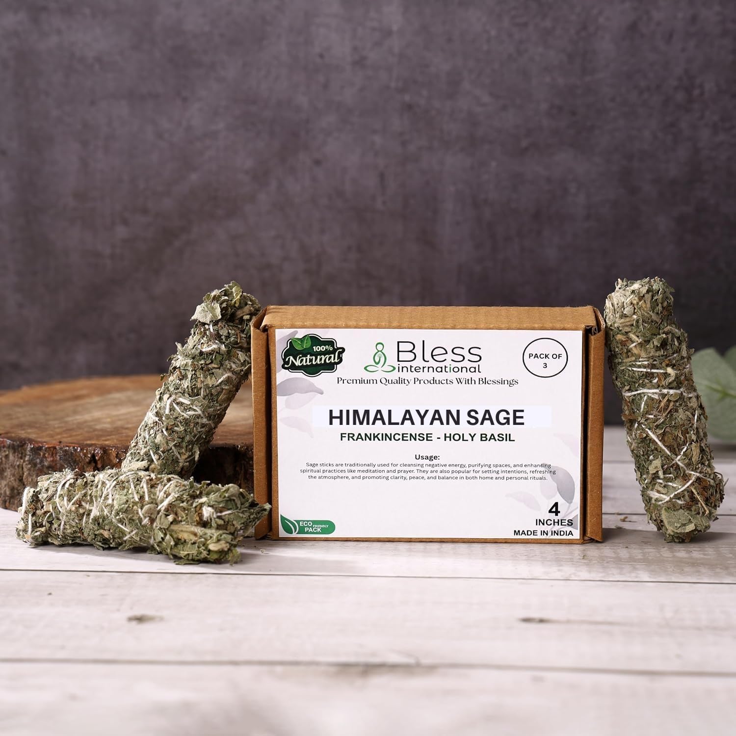 Bless-International Himalayan-Sage-Holy-Basil-Frankincense-Incense Premium-100%-Natural-and-Organic Handcrafted-4-Inches-Long Used-for-Home-Cleansing-Meditation-Smudging-Rituals