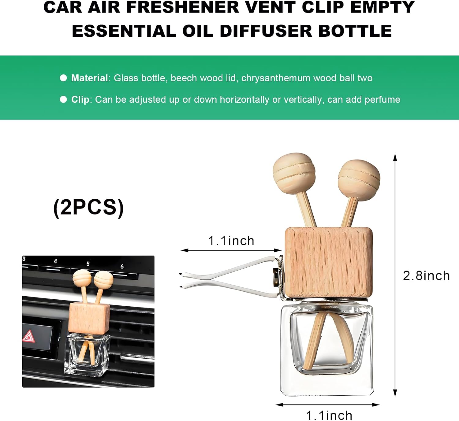 2PCS Car Diffuser Air Freshener Bottle, Empty Essential Oil Perfume Glass Bottle with Vent Clip, Wooden Clear Aromatherapy Fragrance Ornament Auto Decor, Interior Car Accessories