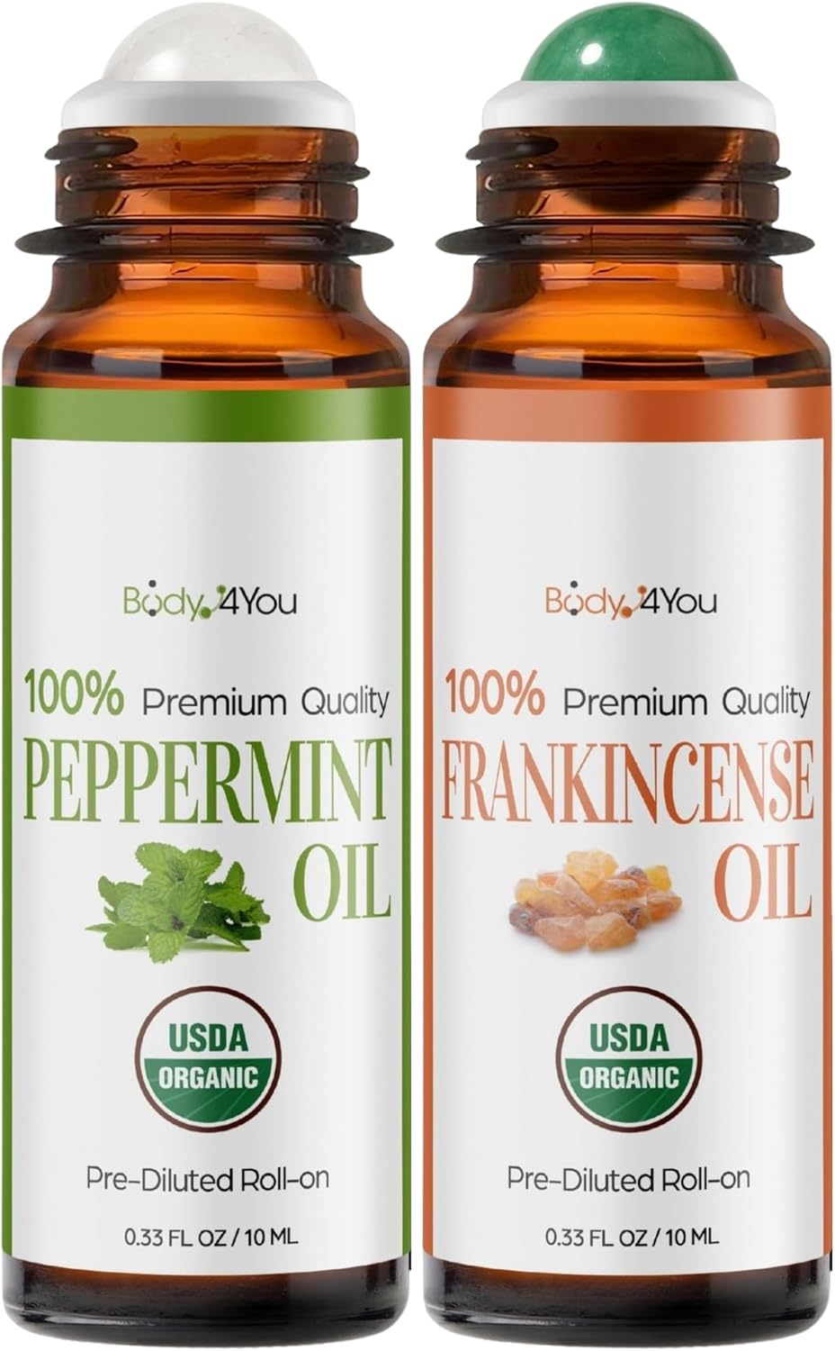BodyJ4You Peppermint + Frankincense Essential Oil Roll On Duo - Pure 100% USDA Organic MCT Coconut Oil - Clear Quartz and Green Aventurine Stone Rollers - Cooling Focus Grounding Pulse Point Skin Care