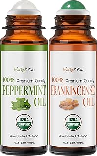 BodyJ4You Peppermint + Frankincense Essential Oil Roll On Duo - Pure 100% USDA Organic MCT Coconut Oil - Clear Quartz and Green Aventurine Stone Rollers - Cooling Focus Grounding Pulse Point Skin Care