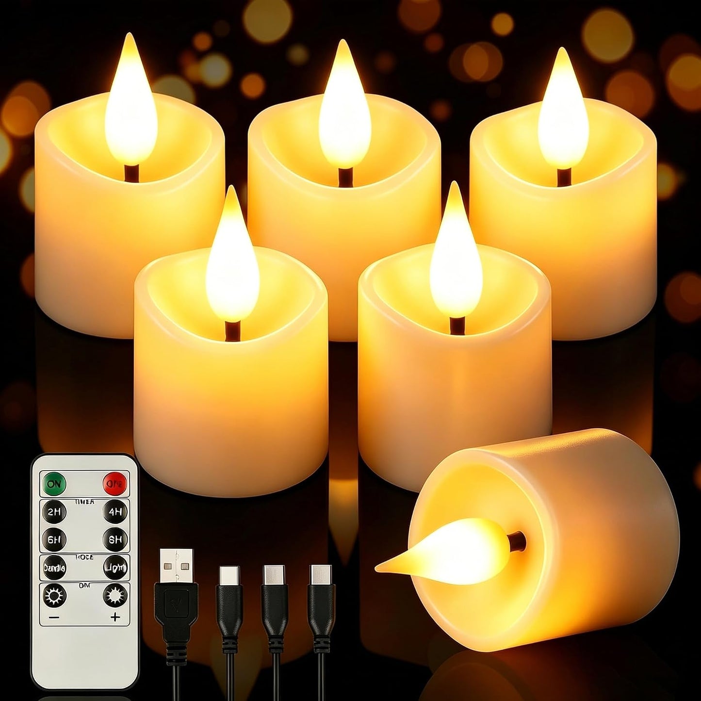 6Pcs Rechargeable Tea Lights: 1.5"x2.2" Flameless LED Votive Candles with Remote & Timer, USB Battery Operated Flickering Fake Tealights for Home Wedding Centerpiece Table Decor, Anniversary Christmas
