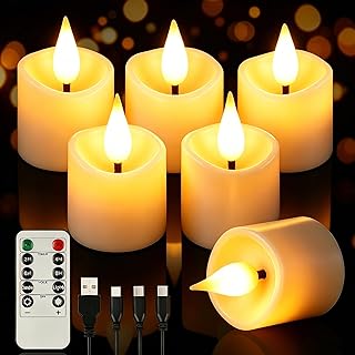 6Pcs Rechargeable Tea Lights: 1.5"x2.2" Flameless LED Votive Candles with Remote & Timer, USB Battery Operated Flickering Fake Tealights for Home Wedding Centerpiece Table Decor, Anniversary Christmas