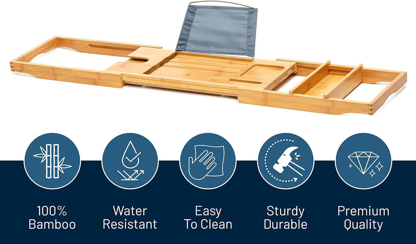 RoyalHouse Bamboo Bathtub Caddy Tray, Expandable Bath Table Over Tub with Glass Book, Adjustable Organizer Tray for Bathroom, Wine and Phone Holder, Ideal Gift for Family & Friends