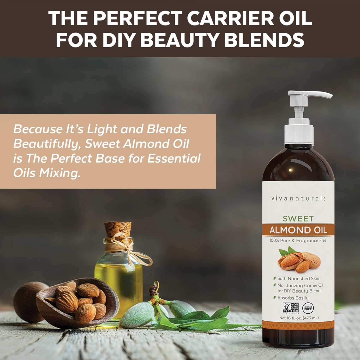 Viva Naturals Sweet Almond Oil, 16 fl. oz – Skin & Hair Moisturizer, Body & Massage Oil, Carrier Oil for Essential Oils, Non-Greasy & Pure