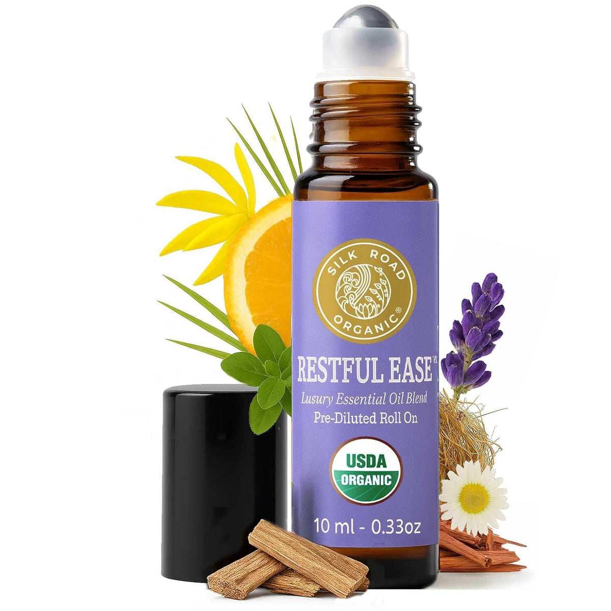 Silk Road Organic Restful Ease Essential Oil Sleep & Stress Blend Roll On - 100% Pure USDA Certified with Indian Sandalwood