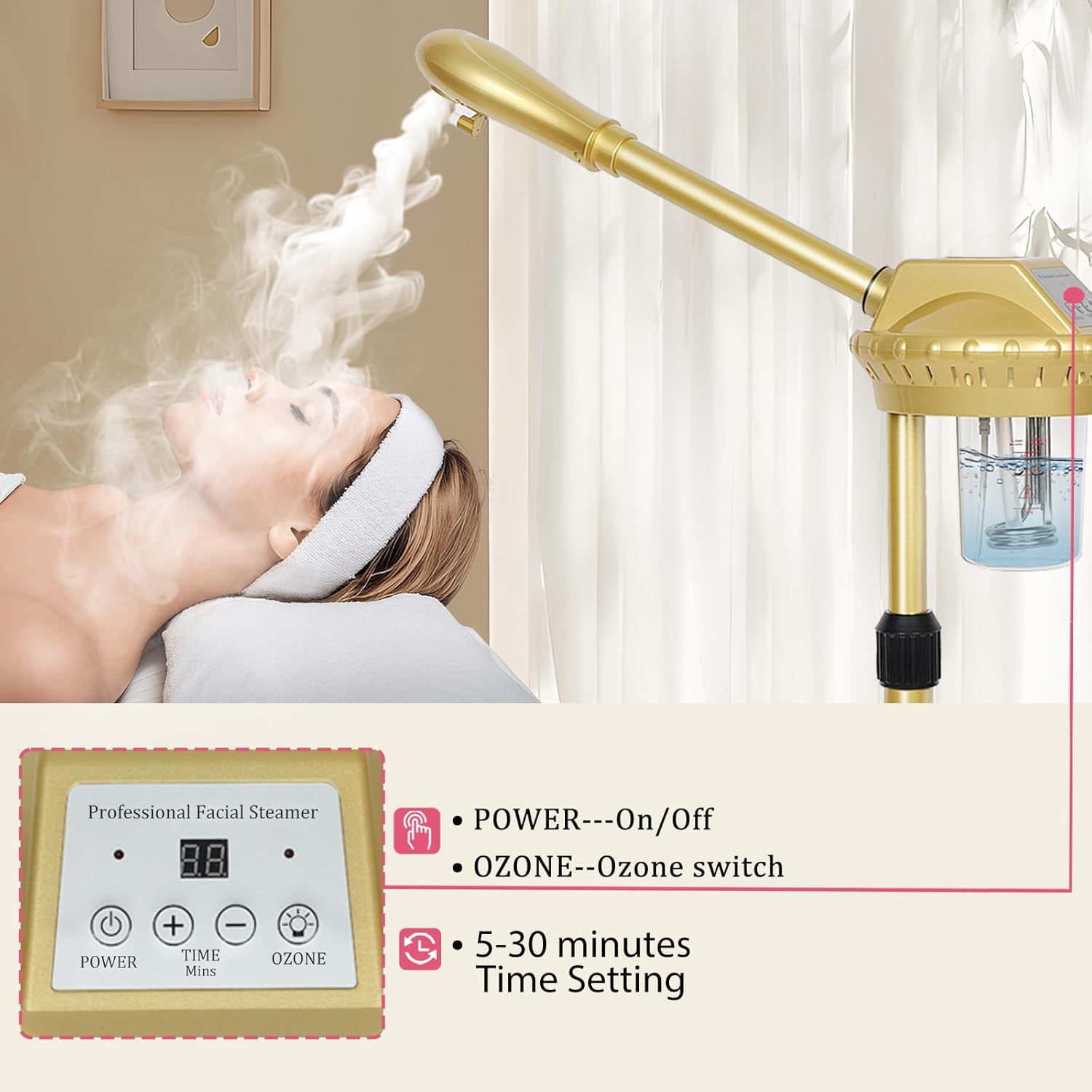 Professional Facial Steamer on Wheels,Gold Ozone Steamer for Face with 30-Minutes Timer,Spa Face Steamer for Deep Facial Cleansing