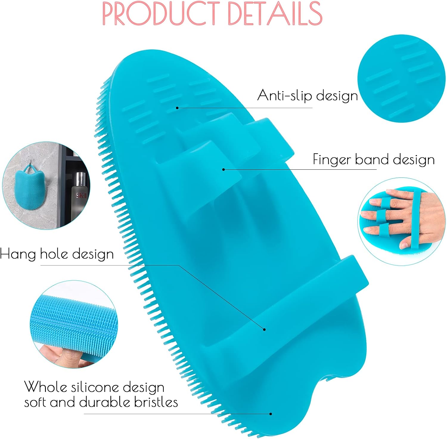 2 Pack Soft Silicone Shower Brush, Body & Face & Short Hair Wash, Bath Exfoliating Skin Massage Scrubber, Dry Skin Brushing Glove Loofah, Fit for Sensitive and All Kinds of Skin (Blue+Gray)