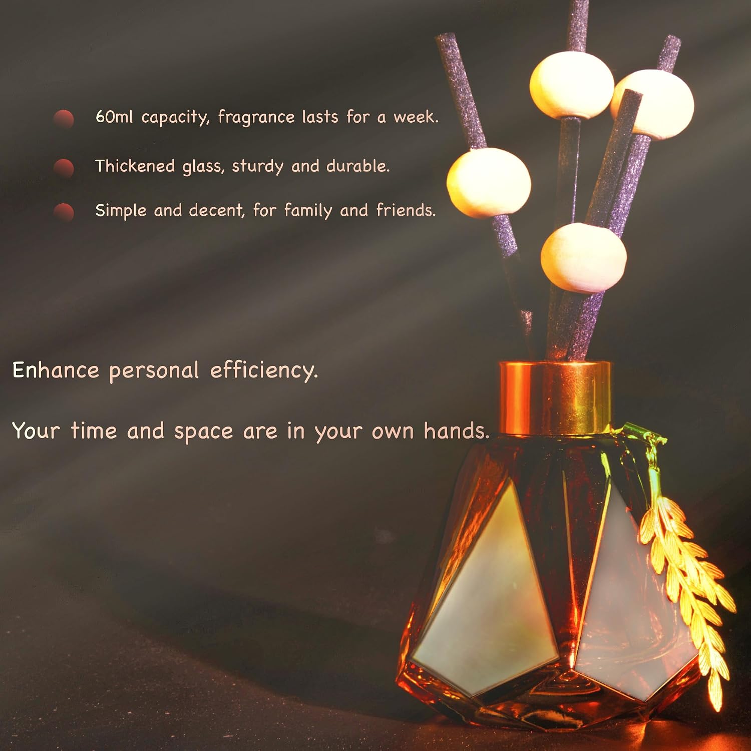 Meinvcisi 4 Empty Fragrance Glass Diffuser Bottles, Refillable Diffuser Bottles with 20pcs Reeds Sticks &12 Wood Balls&4 Metal Leaves, Reed Diffuser Set, Diamond Style,60ML, Gradient Brown.