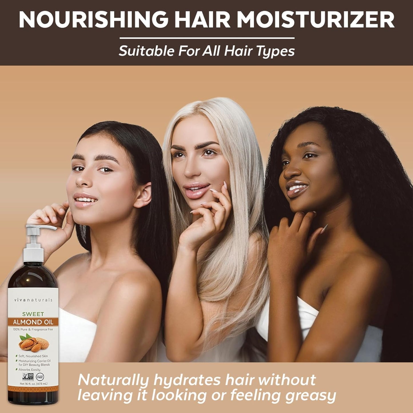 Viva Naturals Sweet Almond Oil, 16 fl. oz – Skin & Hair Moisturizer, Body & Massage Oil, Carrier Oil for Essential Oils, Non-Greasy & Pure