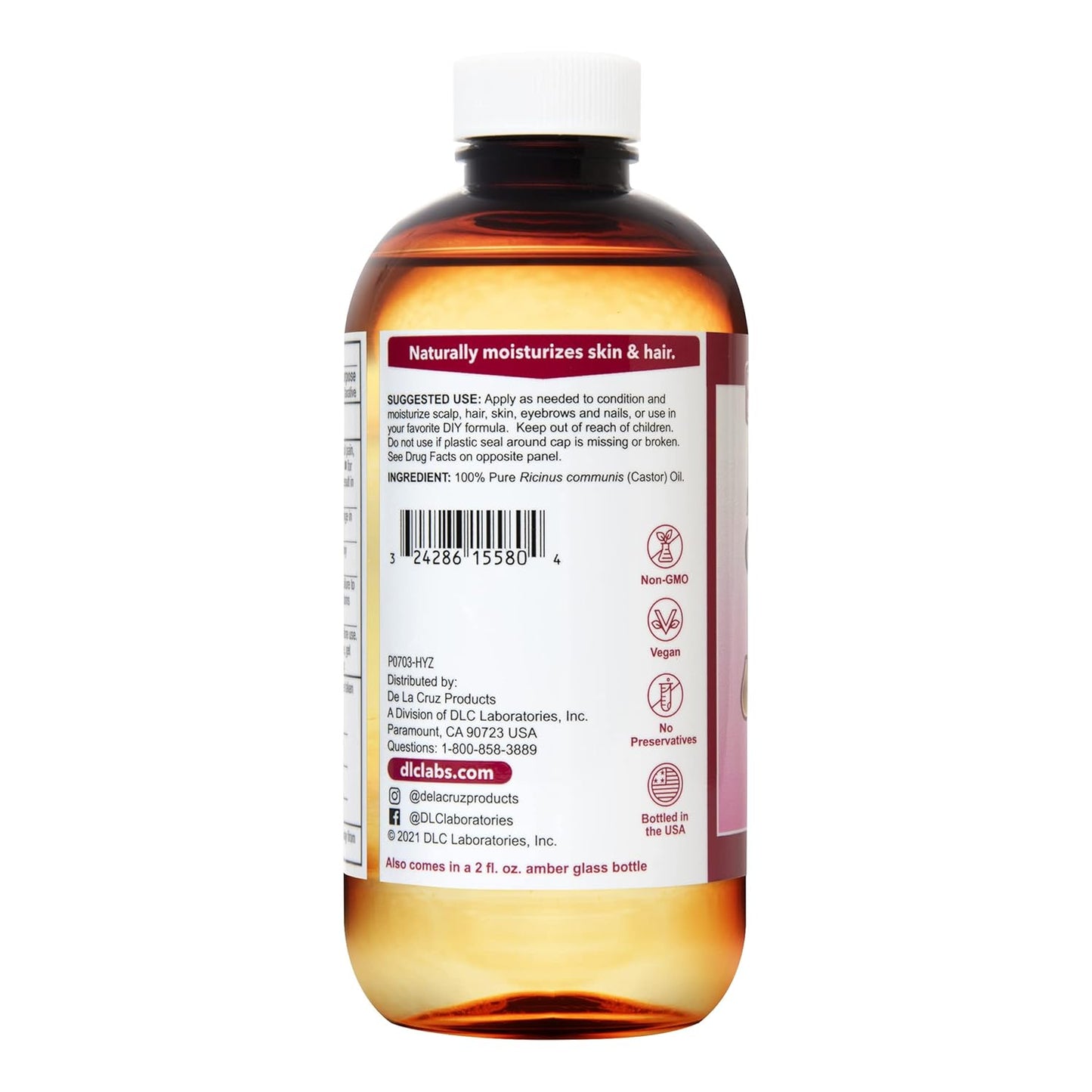 De La Cruz Castor Oil - 100% Pure Castor Oil for Hair, Skin, Eyelashes, and Eyebrows - USP Grade, 8 FL Oz