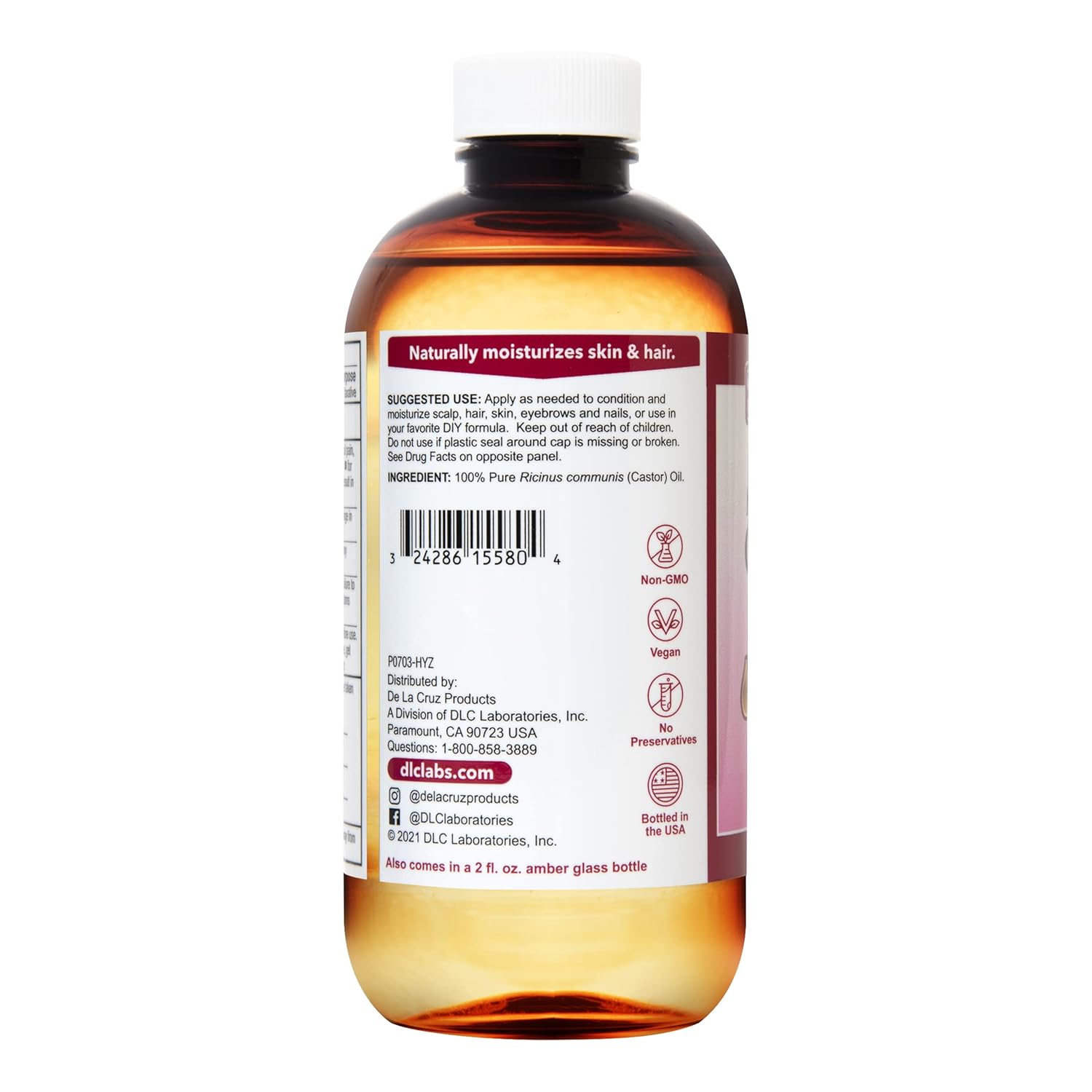 De La Cruz Castor Oil - 100% Pure Castor Oil for Hair, Skin, Eyelashes, and Eyebrows - USP Grade, 8 FL Oz