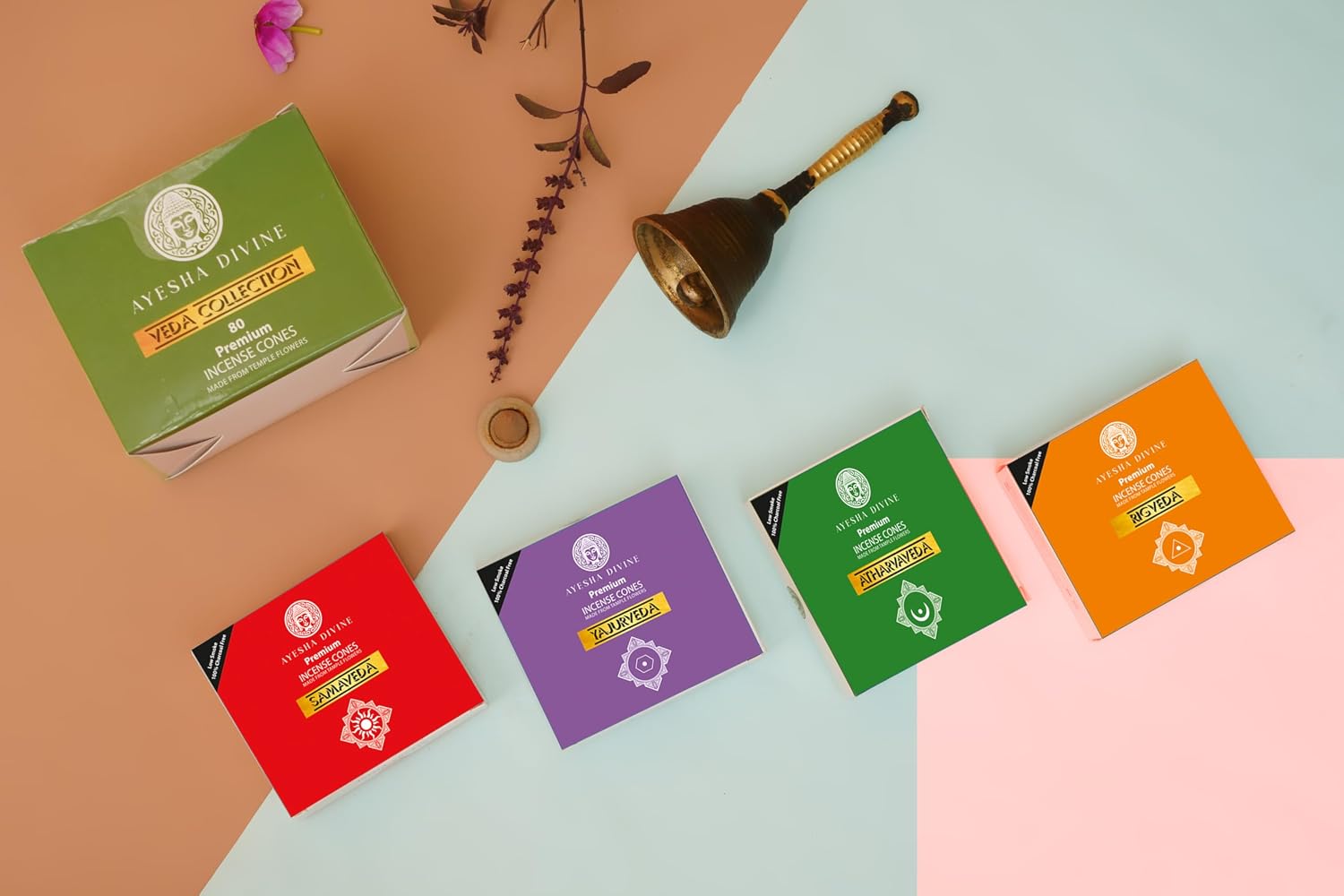 Incense Cones Variety Pack - Veda Collection Samaveda Rigveda Yajurveda Atharvaveda - 80 Natural Hand-Rolled Cones, Organic & NonToxic, Long Burning Aroma for Meditation, Yoga, Relaxation Gift Set