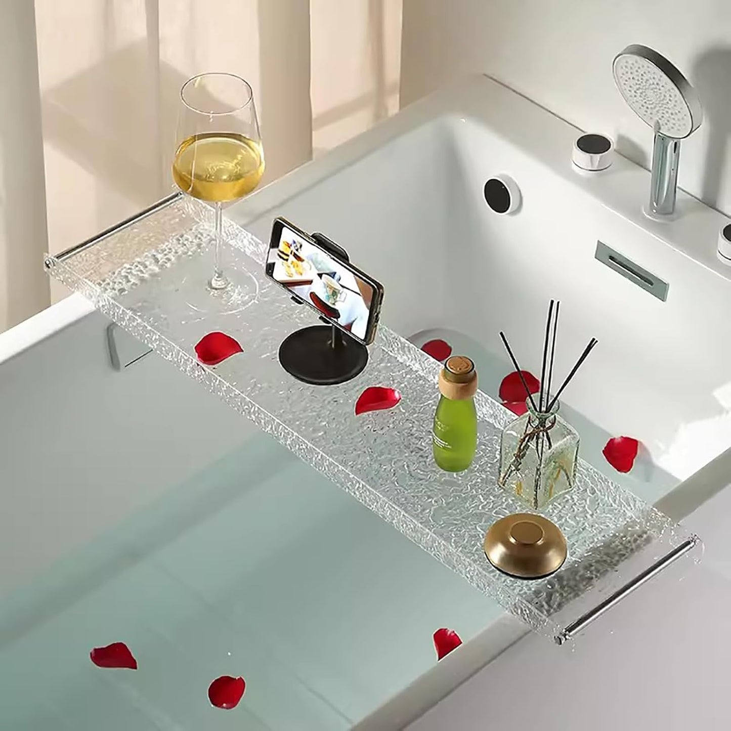 Acrylic Bathtub Tray Caddy with Metal Handles,Clear Bathtub Tray Caddy Tub Shelf,spa Board Luxury Bathroom Bath Tub Table