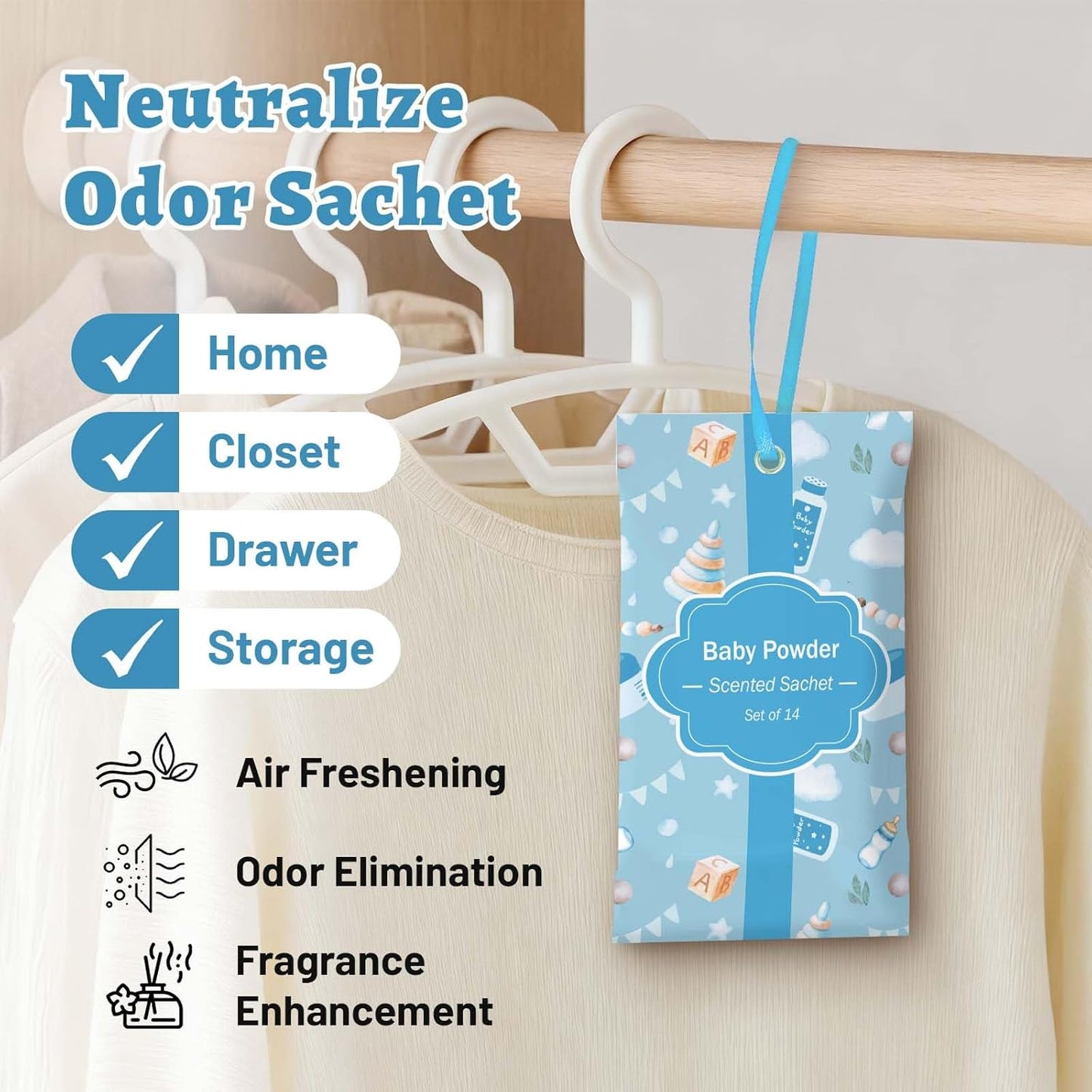 STRN Scented Sachets for Drawer and Closet, Baby Powder Scent Long-Lasting Sachets, 14 Packs for Home Fragrance, Small Space Air Freshener for Wardrobes