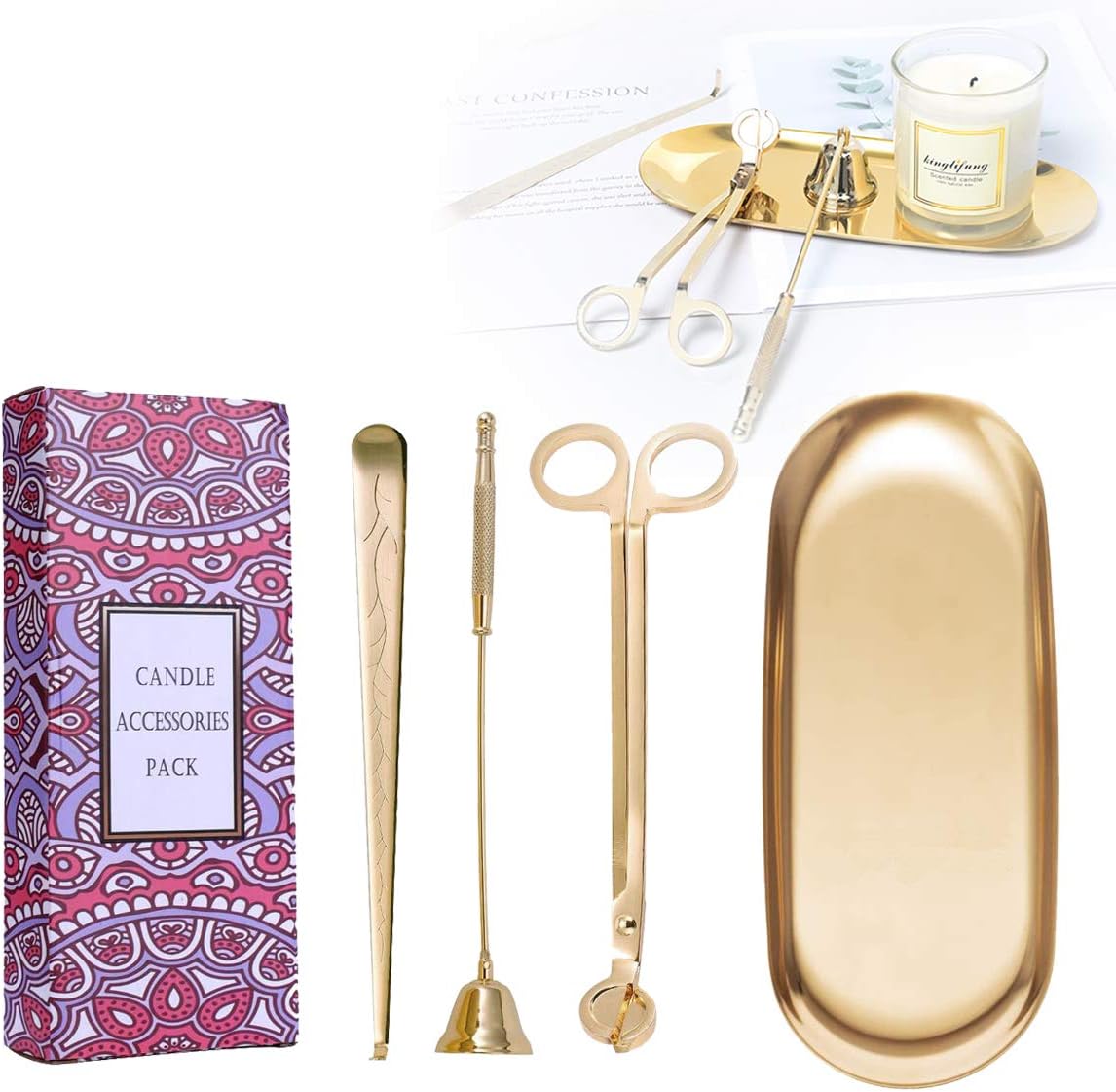 UCINNOVATE 4 in 1 Candle Accessory Set - Wick Trimmer, Snuffer, Dipper, Storage Tray for Candle Lovers, Holidays (Gold)