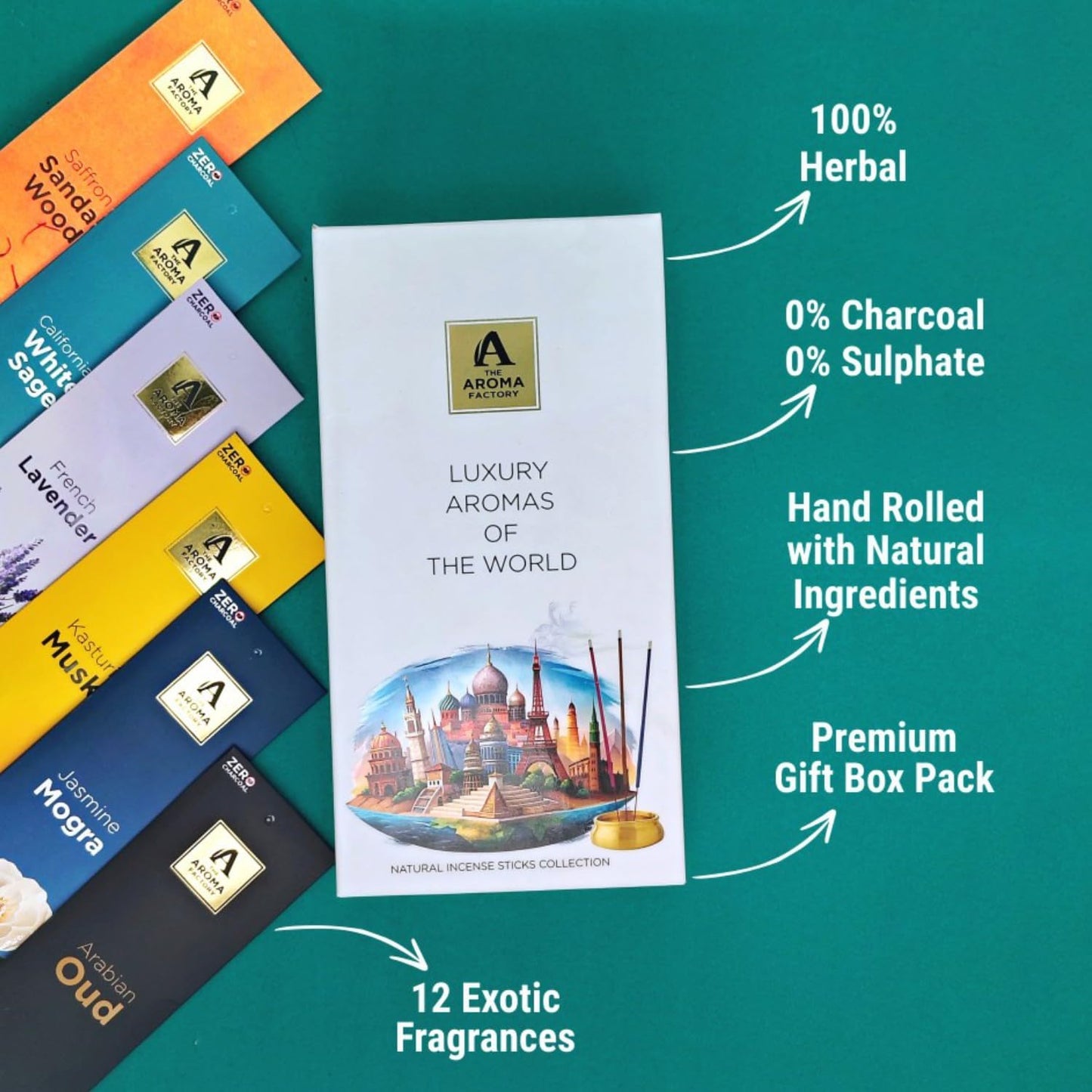 The Aroma Factory Natural Incense Sticks Combo Gift Set with 12 Exotic Agarbatti Fragrances [Artisinal Collection Luxury Aromas of The World] 240 gm