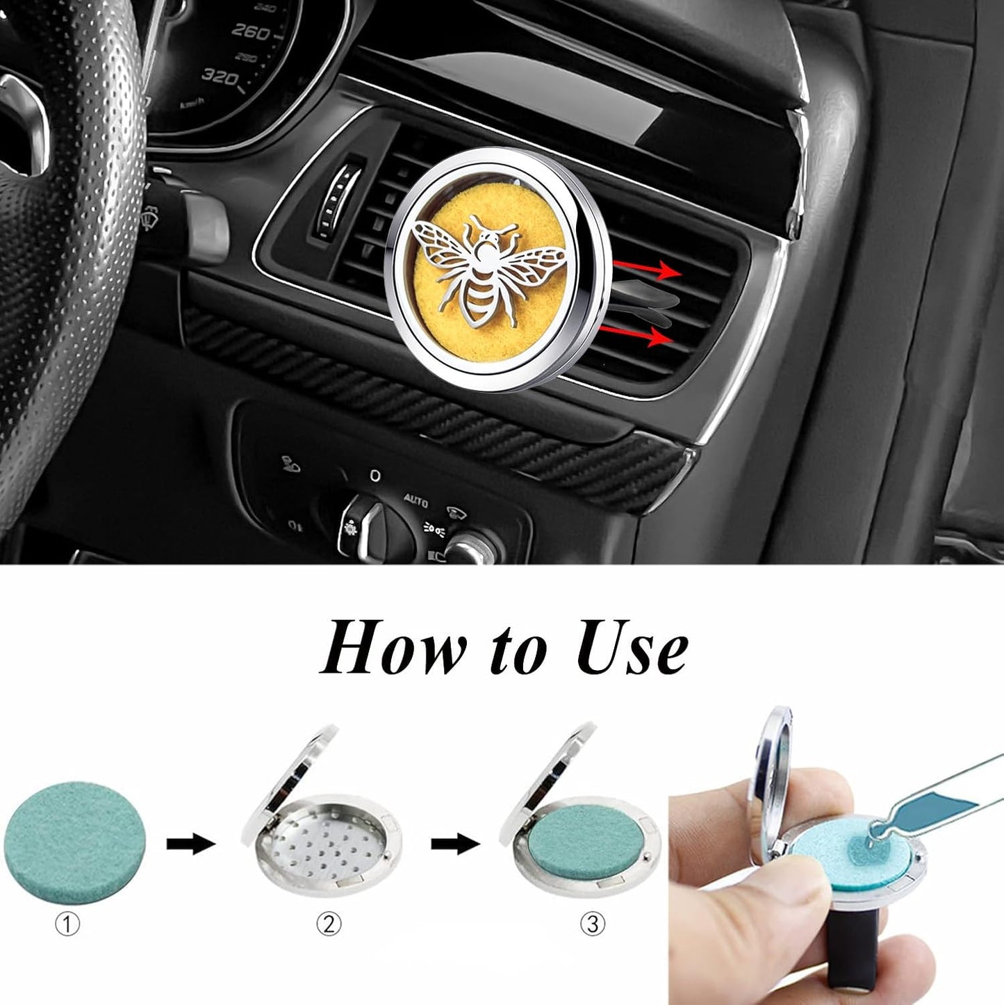 Bee Portable Car Vent Clip Diffuser for Essential Oils,Stainless Steel Vent Holders with 10 Felt Pads Each, Set for Family Vehicles