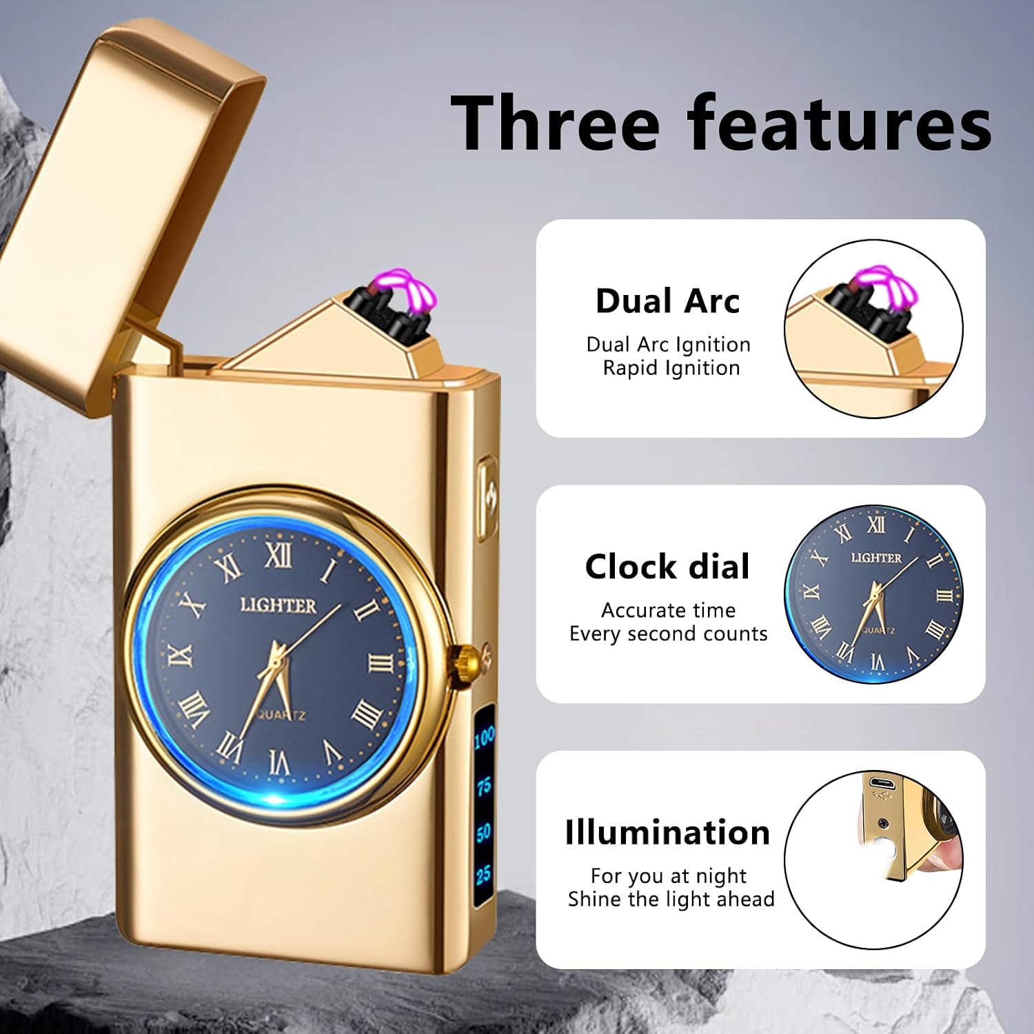 Windproof Dual Arc USB Rechargeable Clock Plasma Lighter with LED Display Lighter for Camping, Hiking, Candles, Barbecues and Outdoor Adventures Carry(Gold)