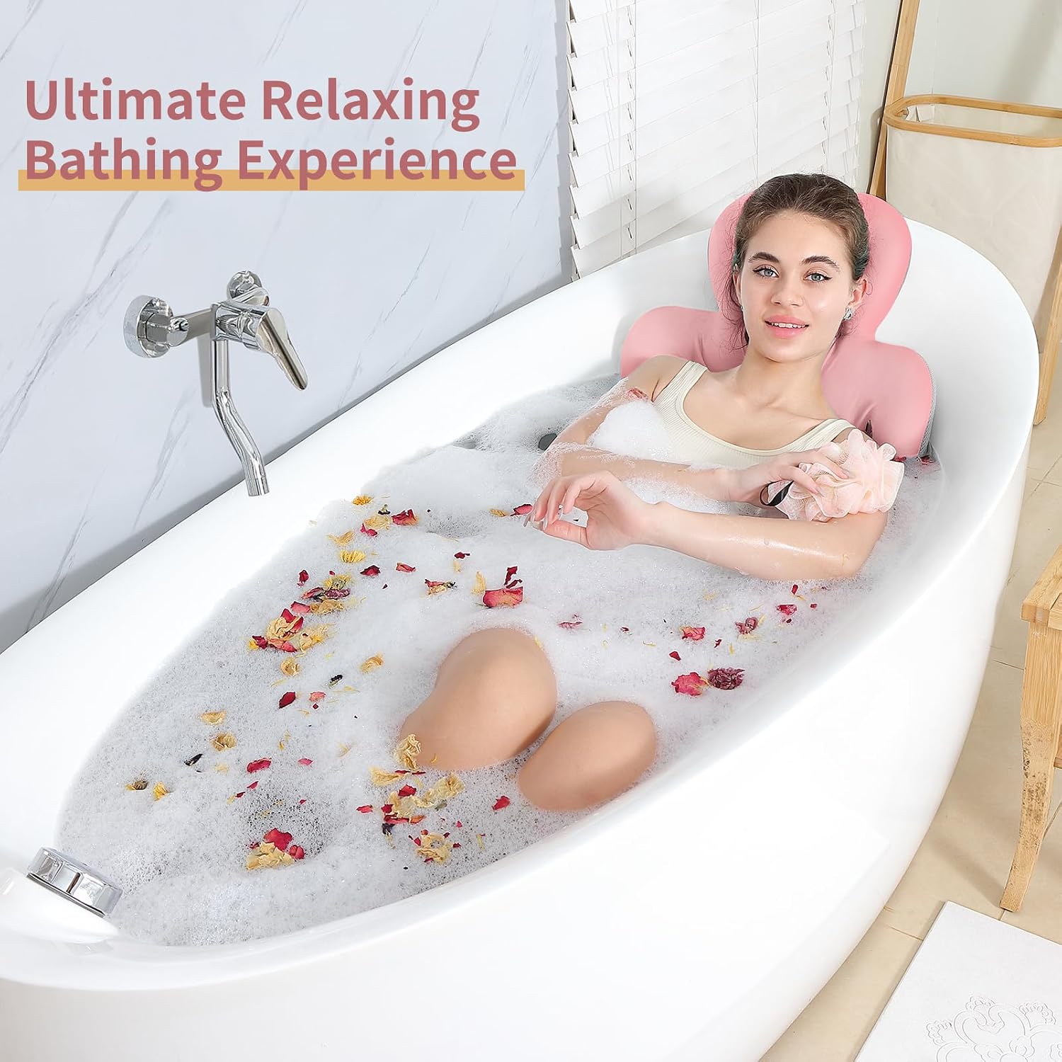 Luxury Bath Cushion, Full Body Bathtub Pillow with 160 Suction Cups, Bath Mat for Head and Neck Support, with Laundry Bag (​Light Pink, 51" x 16")