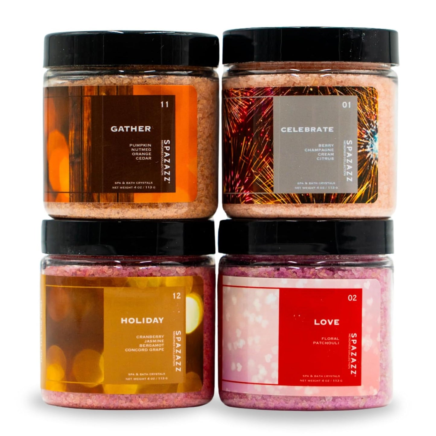 Spazazz Hot Tub Aromatherapy Memories Collection Bath Salts Set Four-4 Oz Pack - Love, Holiday, Celebrate, Gather - Spazazz Hot Tub Crystals and Bath Salts are Oil-Free & Safe for All Spas