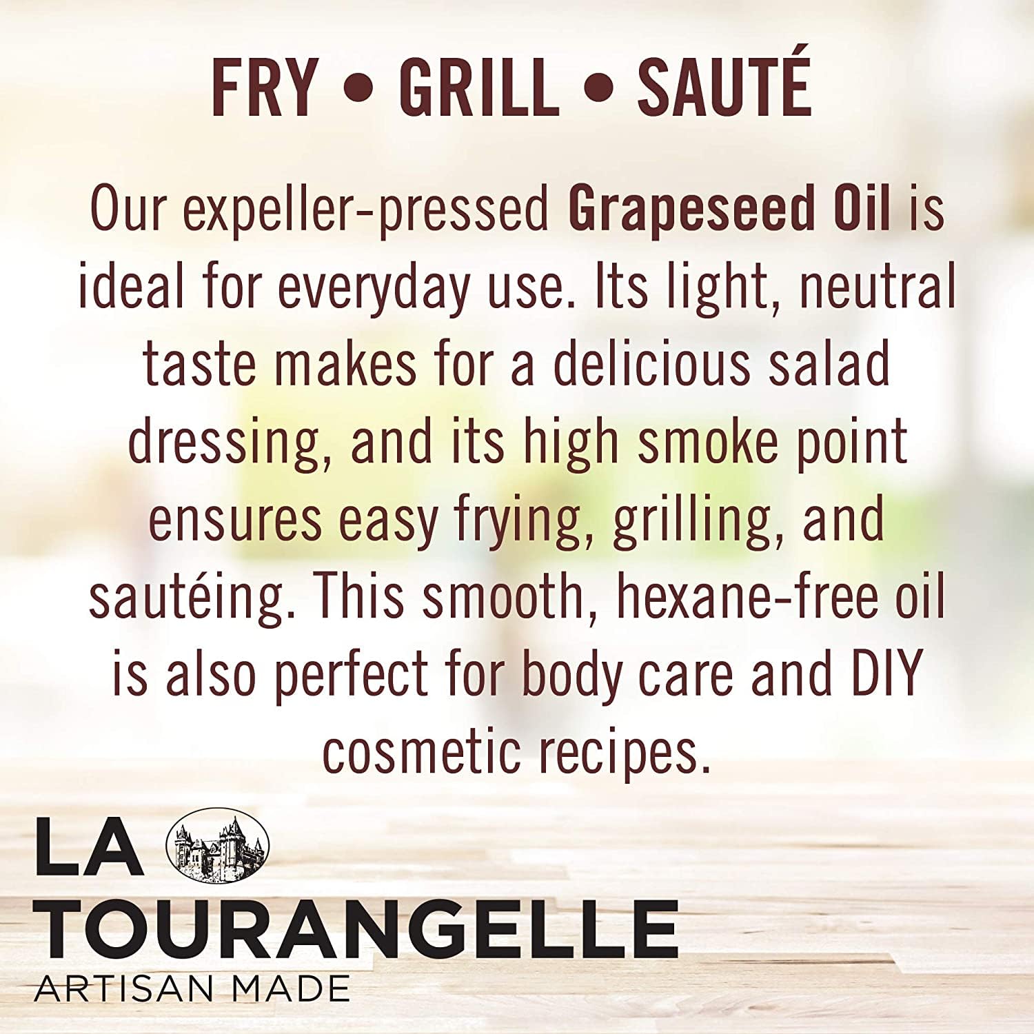 La Tourangelle, Expeller-Pressed Grapeseed Oil, High Heat Neutral Cooking Oil, Cast Iron Seasoning, Also Great for Skin, Hair, and DIY Beauty Recipes, 25.4 fl oz