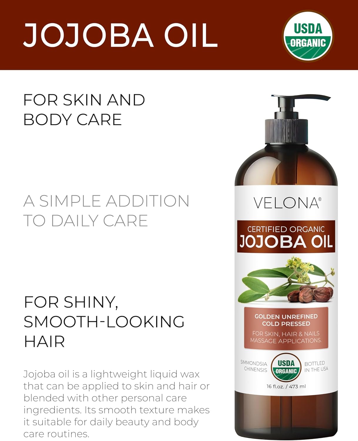 velona Jojoba Oil USDA Certified Organic - 16 fl oz (With Pump) | 100% Pure and Natural | Golden, Unrefined, Cold Pressed, Hexane Free | Moisturizing Face, Hair, Body, Skin Care