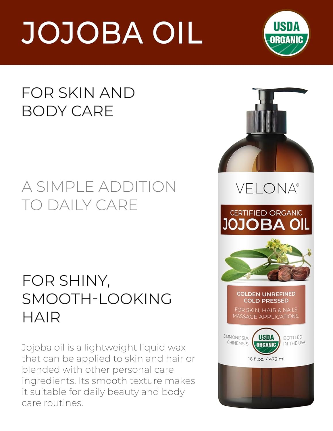 velona Jojoba Oil USDA Certified Organic - 32 fl oz (With Pump) | 100% Pure and Natural | Golden, Unrefined, Cold Pressed, Hexane Free | Moisturizing Face, Hair, Body, Skin Care
