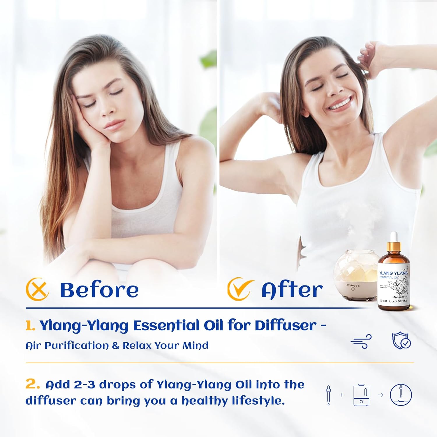 HIQILI Ylang-Ylang Essential Oil, Long-Lasting Scent for Diffuser, Perfumes, Aromatherapy, DIY - 3.38 Fl Oz