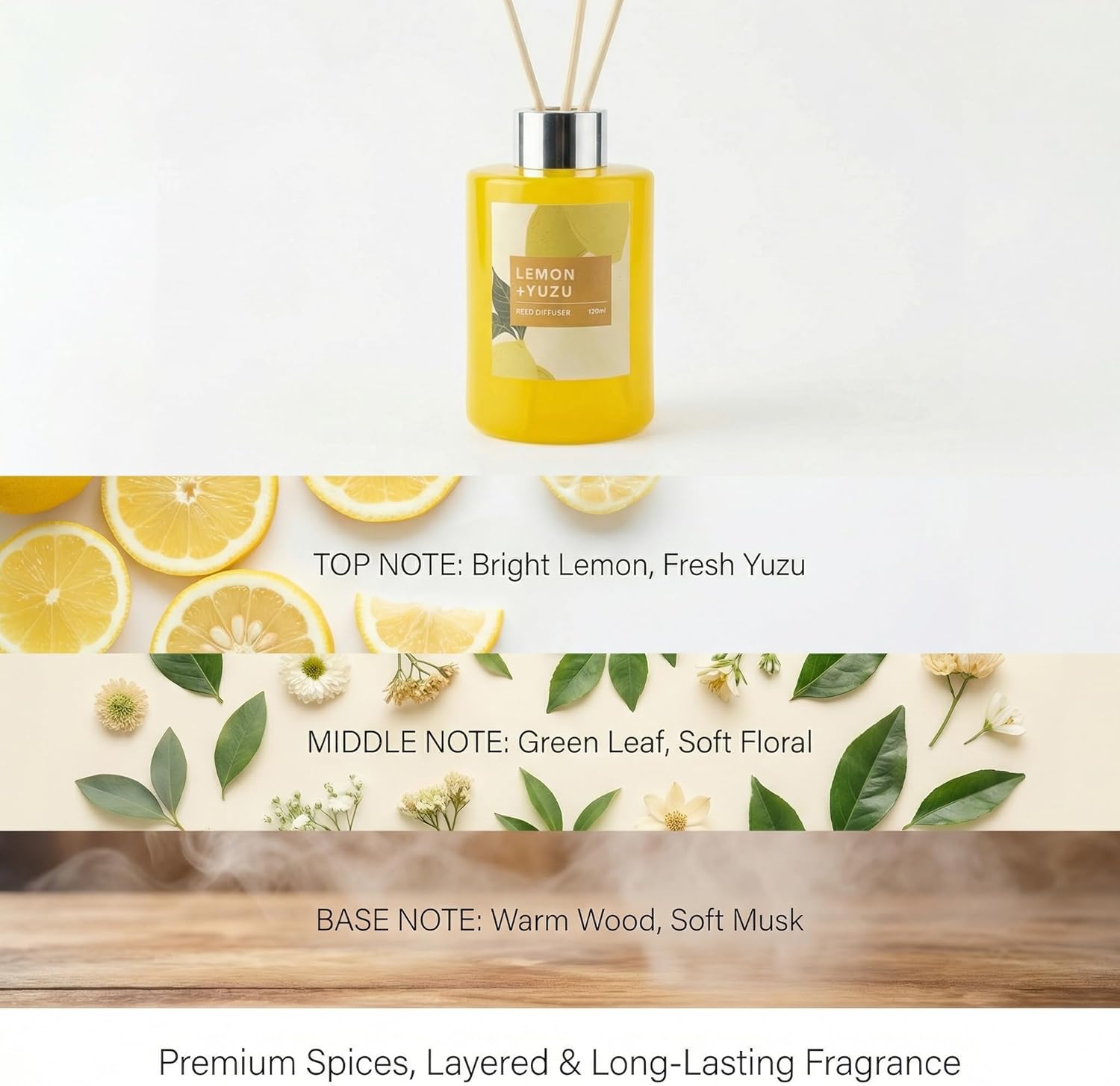 Fresh Lemon Scented Reed Diffuser Set – 4.06 fl.oz (120ml) with Sticks, Natural Essential Oil Aromatherapy for Home, Bedroom & Bathroom Decor, Housewarming Gift