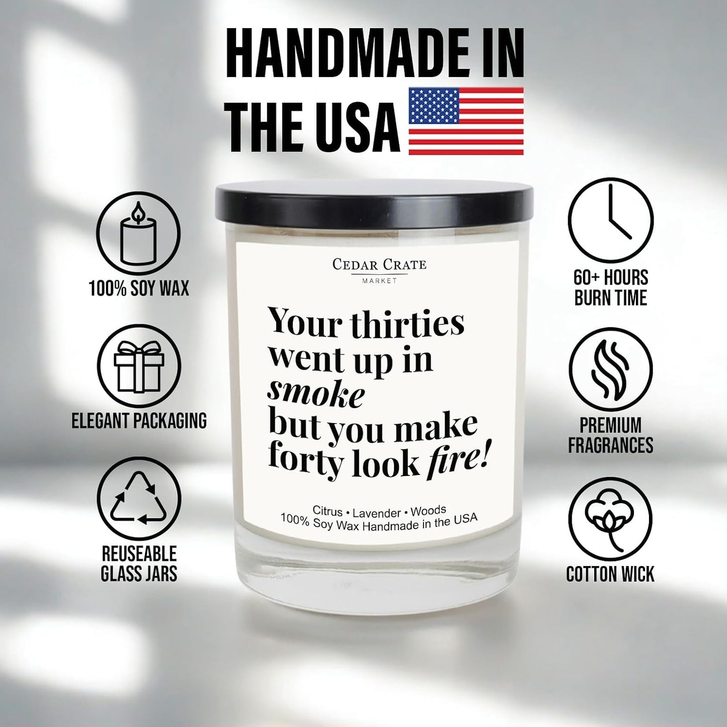 40th Birthday Gifts Women & Men - Lavender & Lemongrass Soy Wax Birthday Candles, 13.5 oz, 60+ Hour Burn Time, Birthday Gifts for Women, Hand Poured in USA, Reusable Jar for a Fantastic Celebration