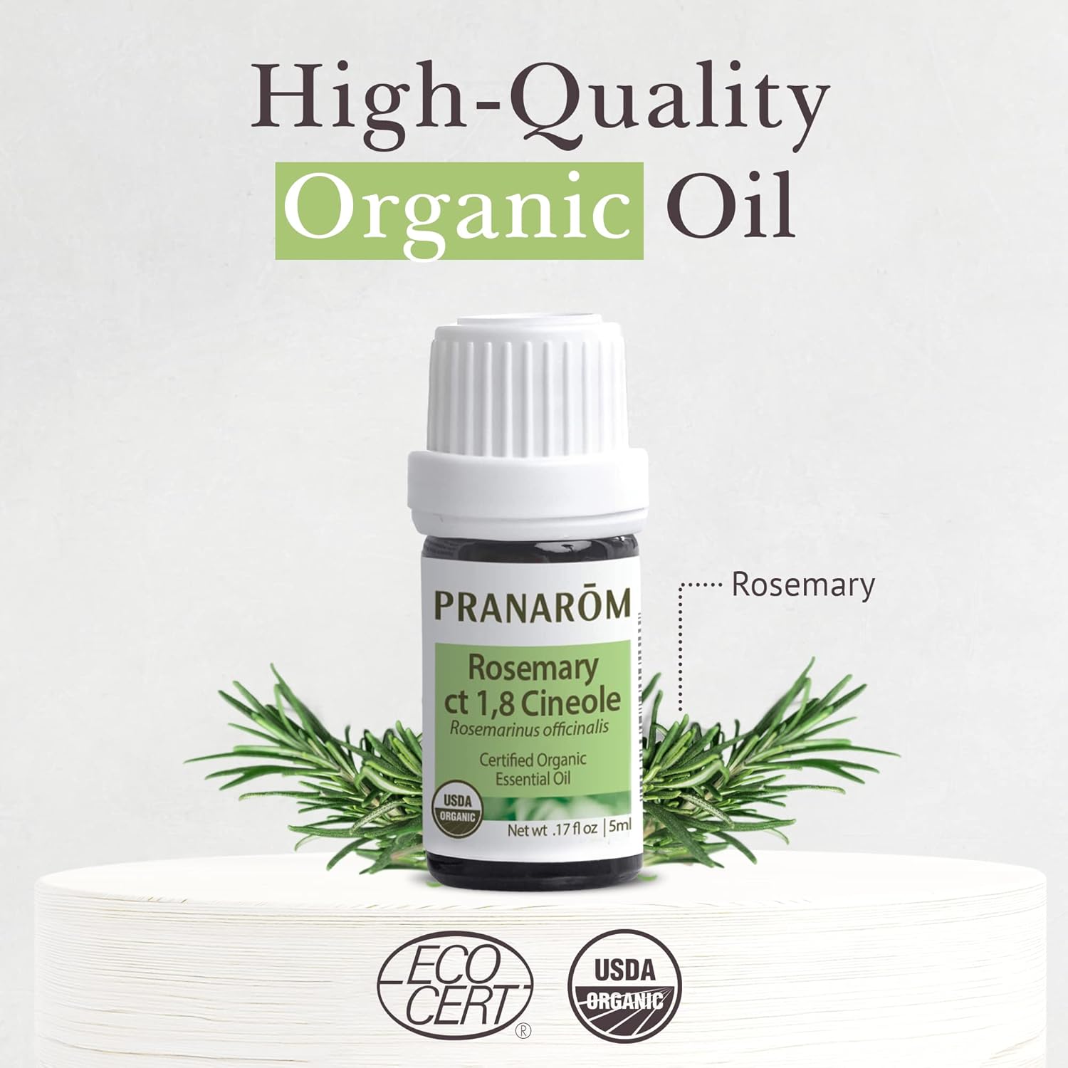 Pranarom USDA Certified Organic Rosemary Cineole Essential Oil (5ml), 100% Pure Undiluted Therapeutic Grade from Tunisia for Aromatherapy, Diffuser, Meditation, Massage, Relaxation
