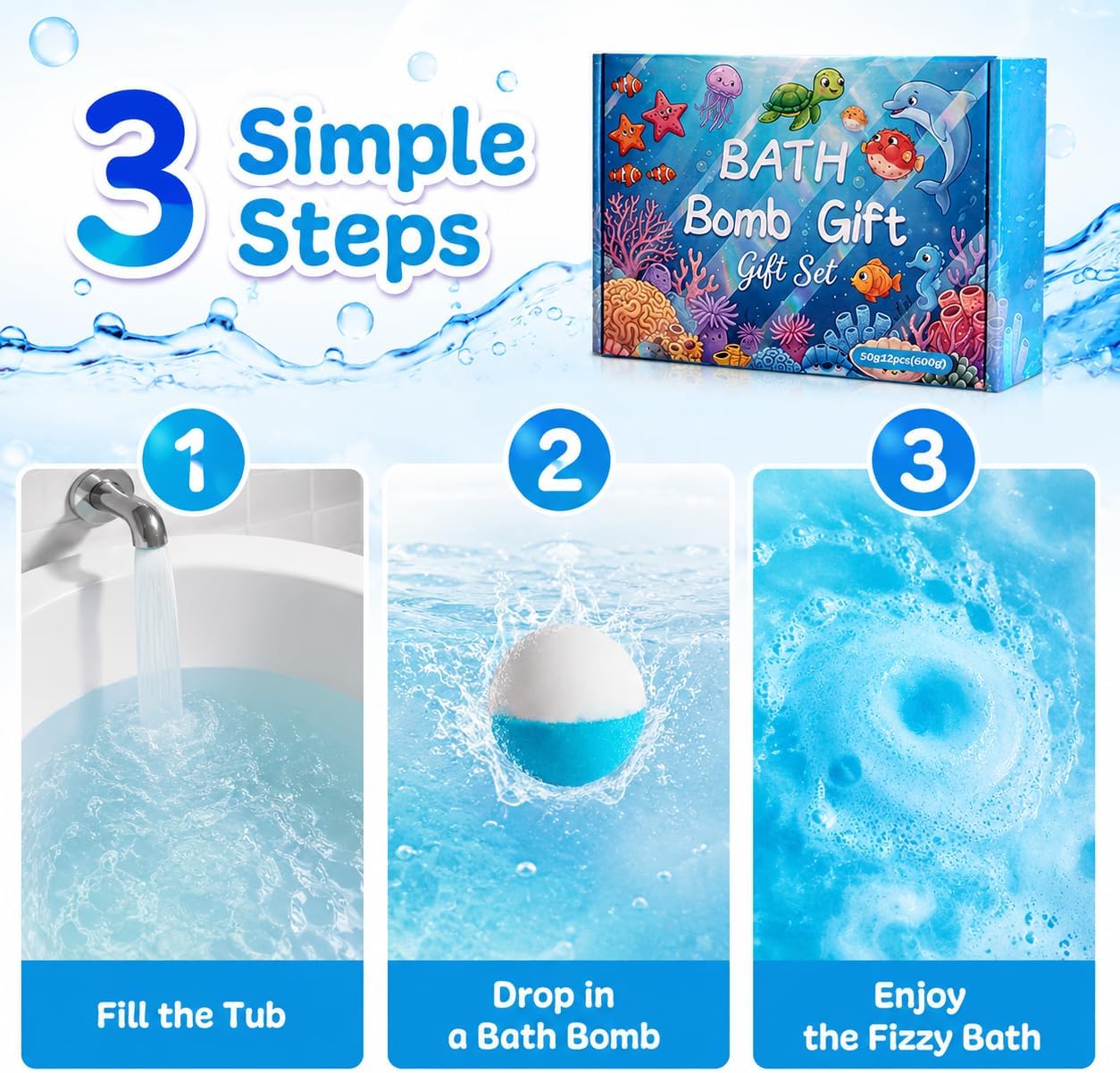 Ocean Bath Bomb Gift Set, 12 Pack Colorful Bath Fizzies, 1.76 oz Each, Bathwater Additive for Relaxing Soaks, Home Spa Bath Set for Women and Men