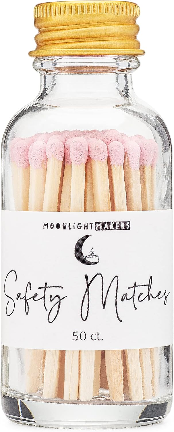 Moonlight Makers Fancy Matches in Jar - 50 Wooden Safety Matches, Decorative Glass Match Jar with Striker, Reusable Matchstick Holder, Gold Lid Match Jars for Bathroom, Candles, & Home Decor - Pink