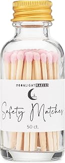 Moonlight Makers Fancy Matches in Jar - 50 Wooden Safety Matches, Decorative Glass Match Jar with Striker, Reusable Matchstick Holder, Gold Lid Match Jars for Bathroom, Candles, & Home Decor - Pink