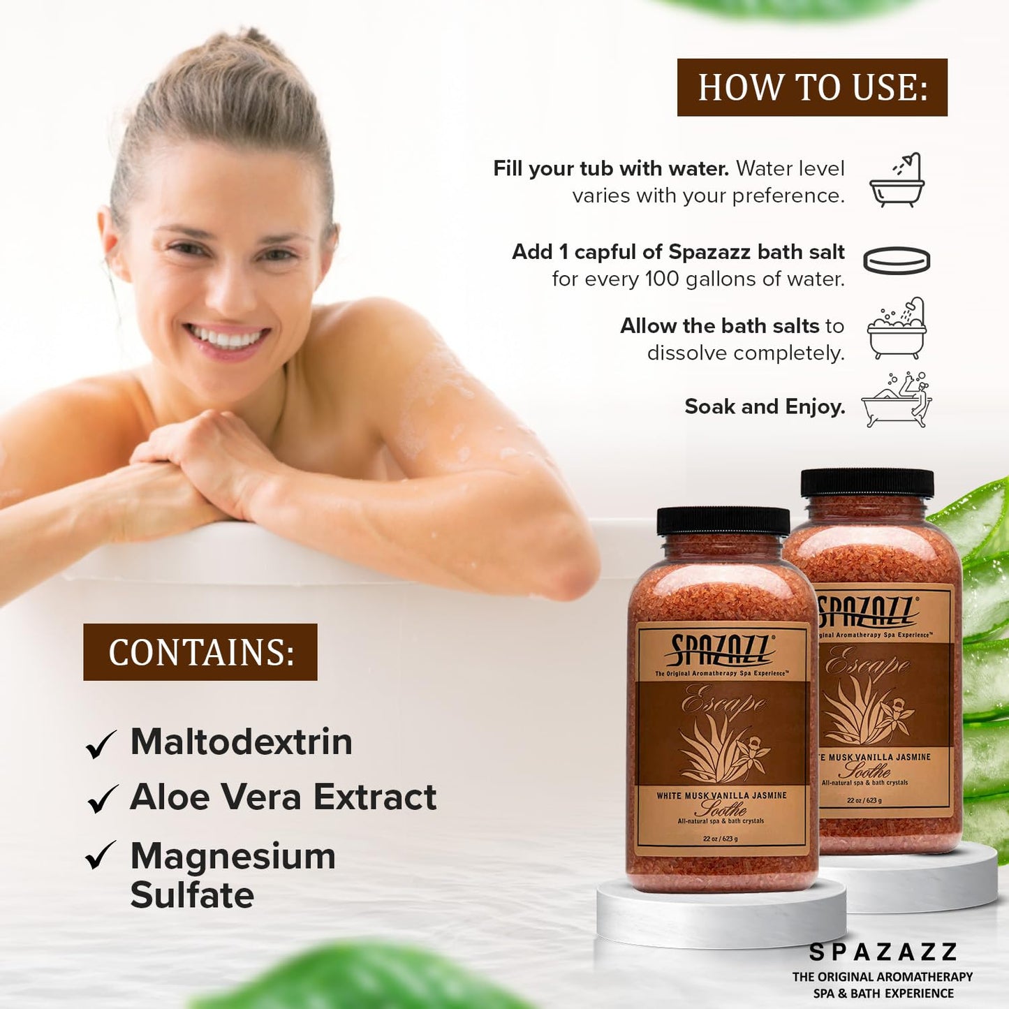 Spazzaz Escape Hot Tub & Spa Bath Salt Aromatherapy Crystals – 22oz White Musk Vanilla Jasmine Scented Bath Salts – Mineral Soaking Salts for Relaxing Bath Experience