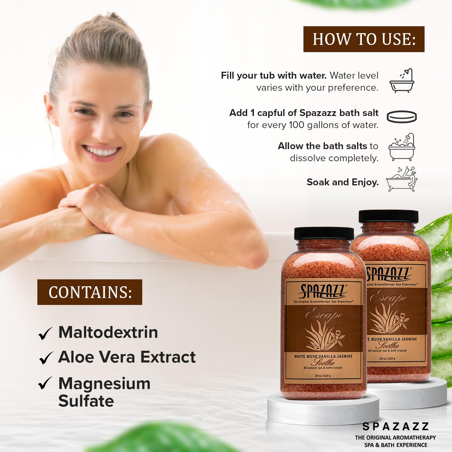 Spazzaz Escape Hot Tub & Spa Bath Salt Aromatherapy Crystals – 22oz White Musk Vanilla Jasmine Scented Bath Salts – Mineral Soaking Salts for Relaxing Bath Experience