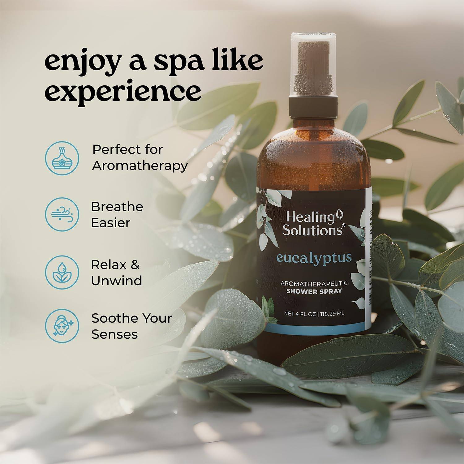 Healing Solutions Aromatherapy Shower Spray, Eucalyptus, 4oz, Therapeutic Grade Essential Oils, Made in the USA, At Home Spa Experience