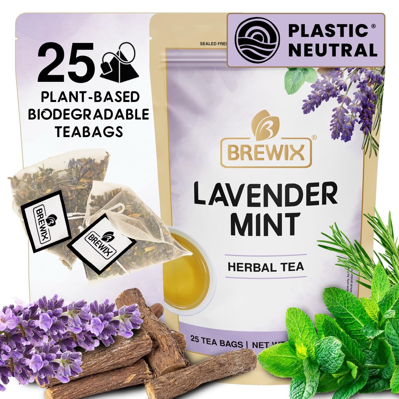 BREWIX, Lavender Mint Evening Blend Herbal Tea (25 Pyramid Tea Bags) Relaxaing & Calming Caffeine Free Tea with Peppermint, Lavender, Rosemary & Licorice Root | Naturally Sweet, No Sugar Added | Wind Down Herbal Tea