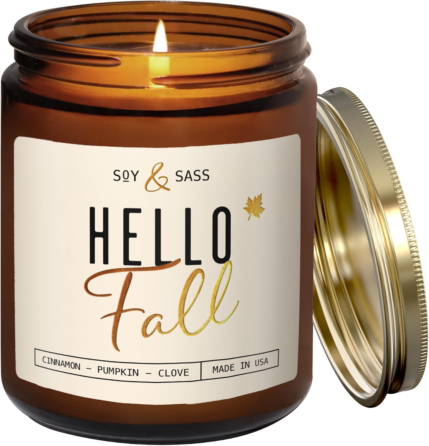 Fall Candles - 'Hello Fall Scented Candle' w/Cinnamon, Pumpkin & Fir I Infused with Essential Oils Autumn Scented Soy Candles for Home Décor, 9oz Reusable Jar, 50Hr Burn, Made in USA