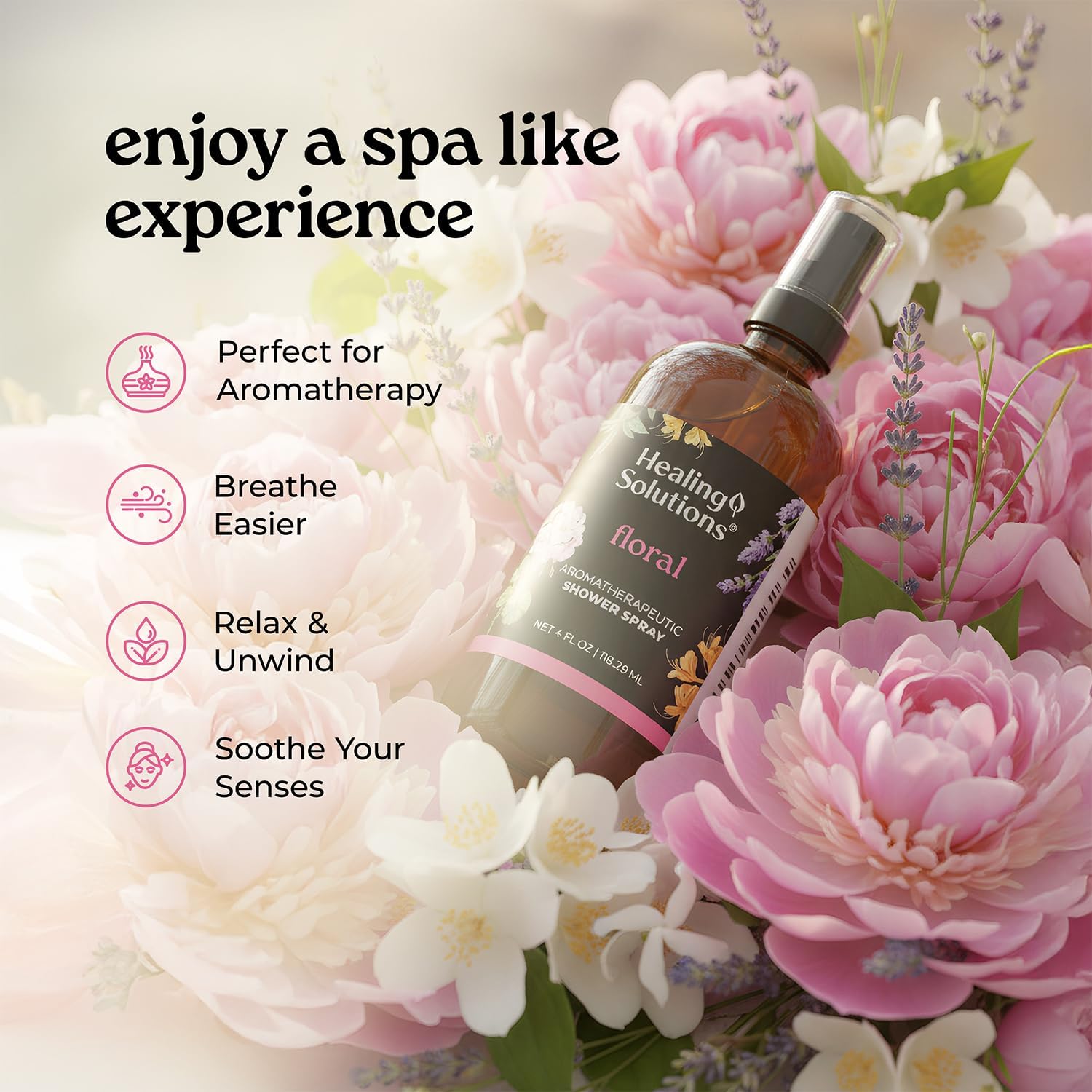 Healing Solutions Aromatherapy Shower Spray, Floral Blend, 4oz, Therapeutic Grade Essential Oils, Made in the USA, At Home Spa Experience (4oz, Floral)