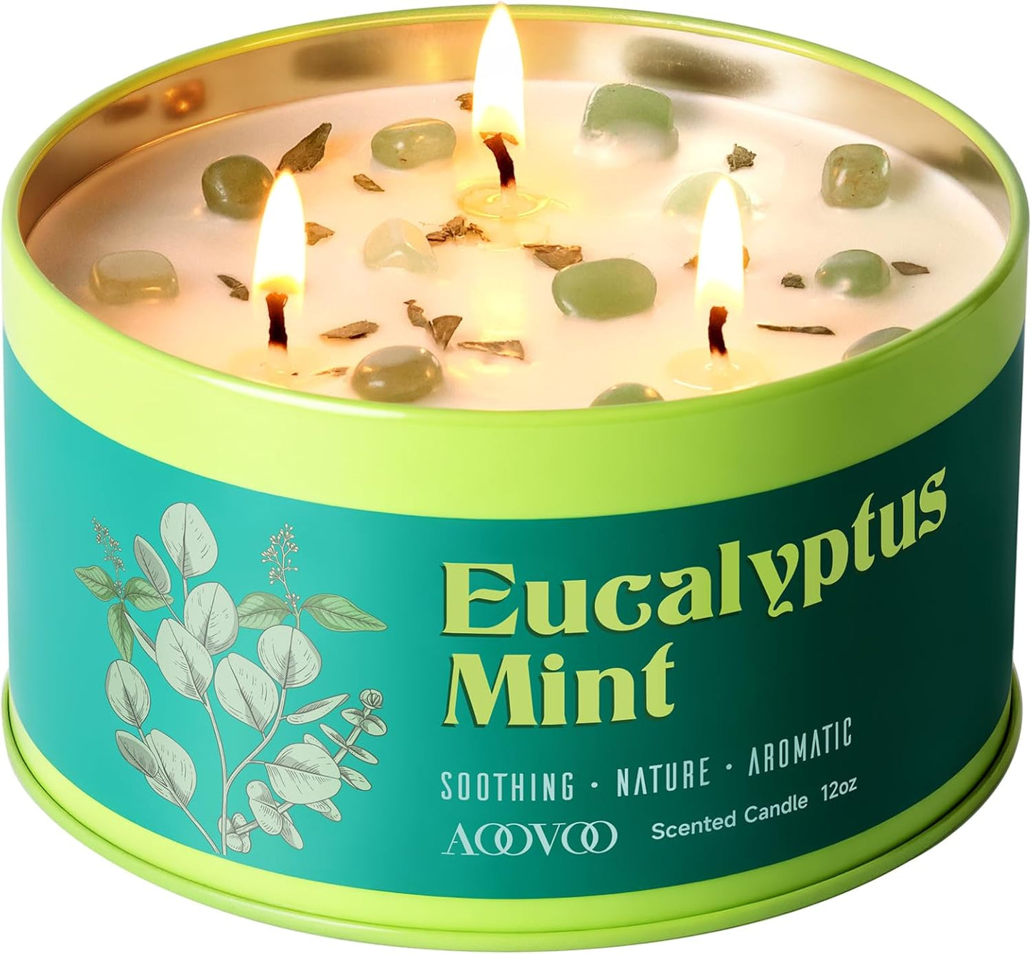 AOOVOO Eucalyptus Mint Candle for Relaxation - 3 Wick 12oz Large Scented Candle with Green Aventurine & Eucalyptus Leaves Inside, Soy Candles Non Toxic for Meditation, Stress Relief, Energy Cleansing
