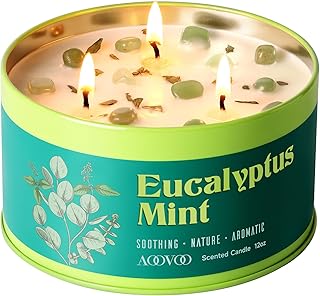 AOOVOO Eucalyptus Mint Candle for Relaxation - 3 Wick 12oz Large Scented Candle with Green Aventurine & Eucalyptus Leaves Inside, Soy Candles Non Toxic for Meditation, Stress Relief, Energy Cleansing