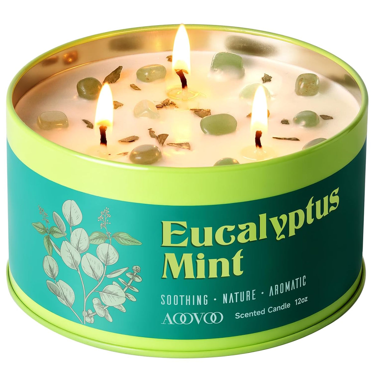 AOOVOO Eucalyptus Mint Candle for Relaxation - 3 Wick 12oz Large Scented Candle with Green Aventurine & Eucalyptus Leaves